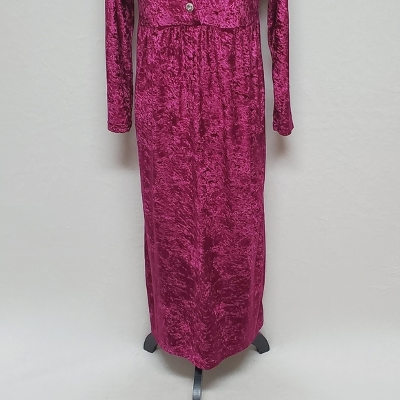 80s Vintage Cervelle Burgundy Crushed Velvet Regencycore Long Sleeve Midi Dress - Picture 7 of 13
